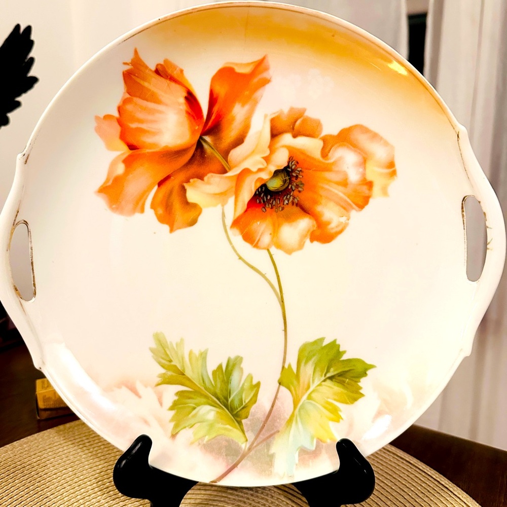 Vtg RS Prussia hand painted pastel green plate floral gold trim With Handle 10”
